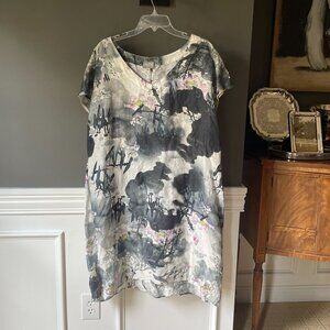 Niche Nilgun Derman Artsy Watercolor Lagenlook V-neck Cap Sleeve Linen Dress XL